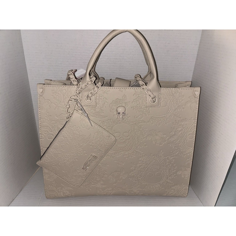 Betsey Johnson Xokiara2 Embossed Tote Bag White Skulls Halloween Satchel Purse - Picture 2 of 16